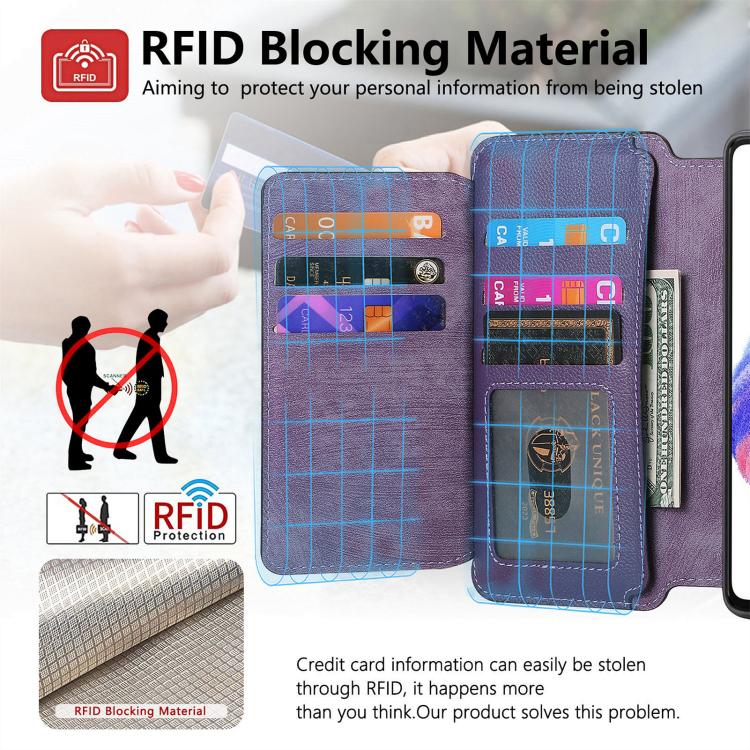 Funda Neo MagSafe RFID antirrobo con cremallera para Samsung Galaxy A06, de cuero estilo retro (morado)