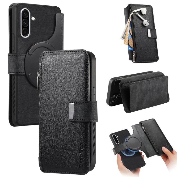 Funda Neo MagSafe RFID antirrobo con cremallera para Samsung Galaxy A56 5G, de cuero estilo retro (negra)