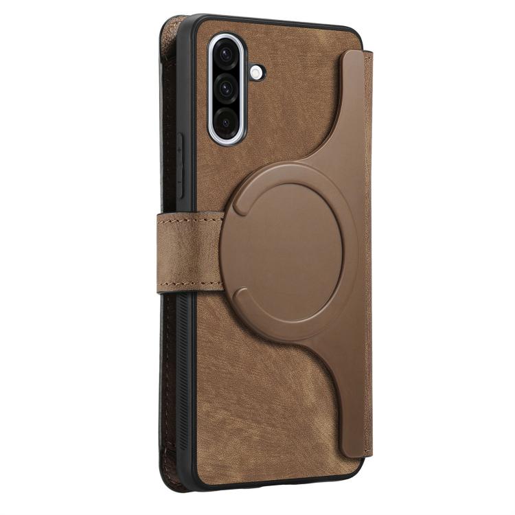 Funda Neo MagSafe RFID antirrobo con cremallera para Samsung Galaxy A56 5G, estilo billetera de cuero retro (marrón)