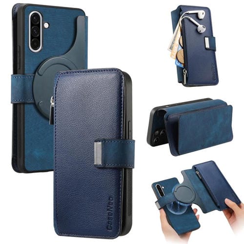 Funda Neo MagSafe RFID antirrobo con cremallera para Samsung Galaxy A56 5G, de cuero estilo retro (azul)