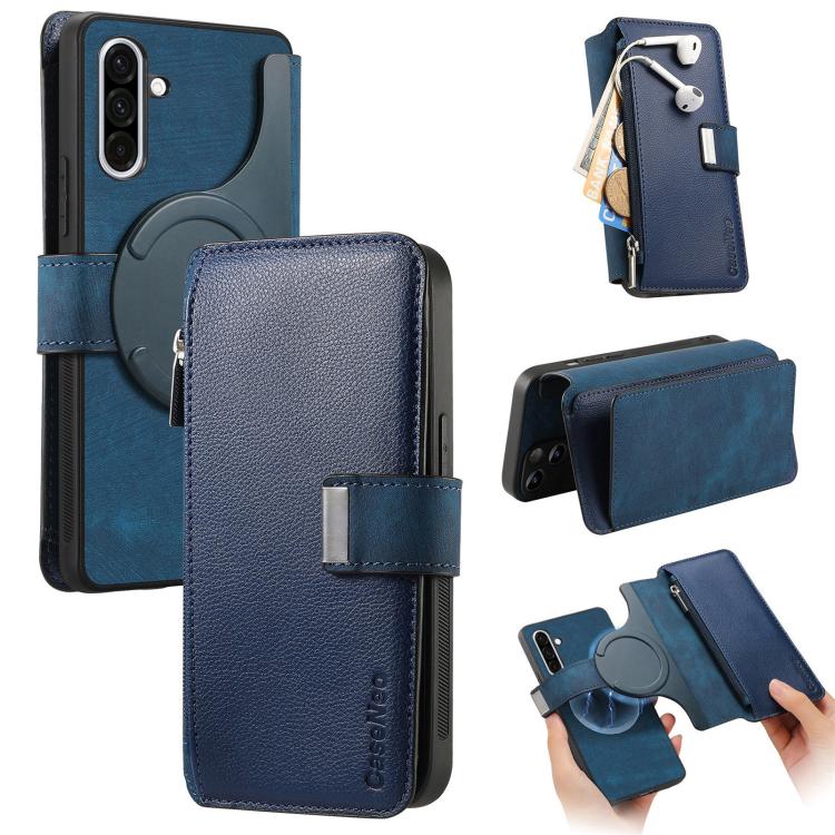 Funda Neo MagSafe RFID antirrobo con cremallera para Samsung Galaxy A56 5G, de cuero estilo retro (azul)
