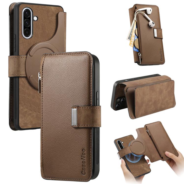 Funda Neo MagSafe RFID antirrobo con cremallera para Samsung Galaxy A36 5G, estilo billetera de cuero retro (marrón)