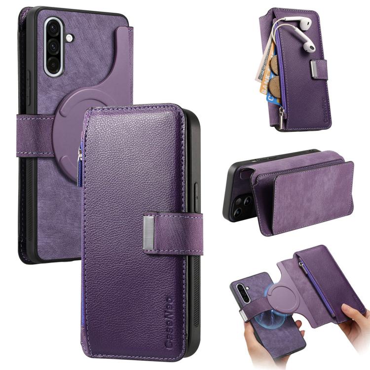 Funda Neo MagSafe RFID antirrobo con cremallera para Samsung Galaxy A36 5G, de cuero estilo retro (morado)