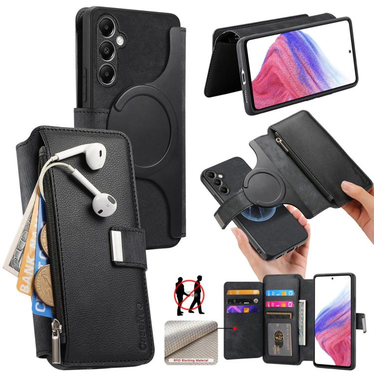 Funda Neo MagSafe RFID antirrobo con cremallera para Samsung Galaxy A14 5G, de cuero estilo retro (negro)
