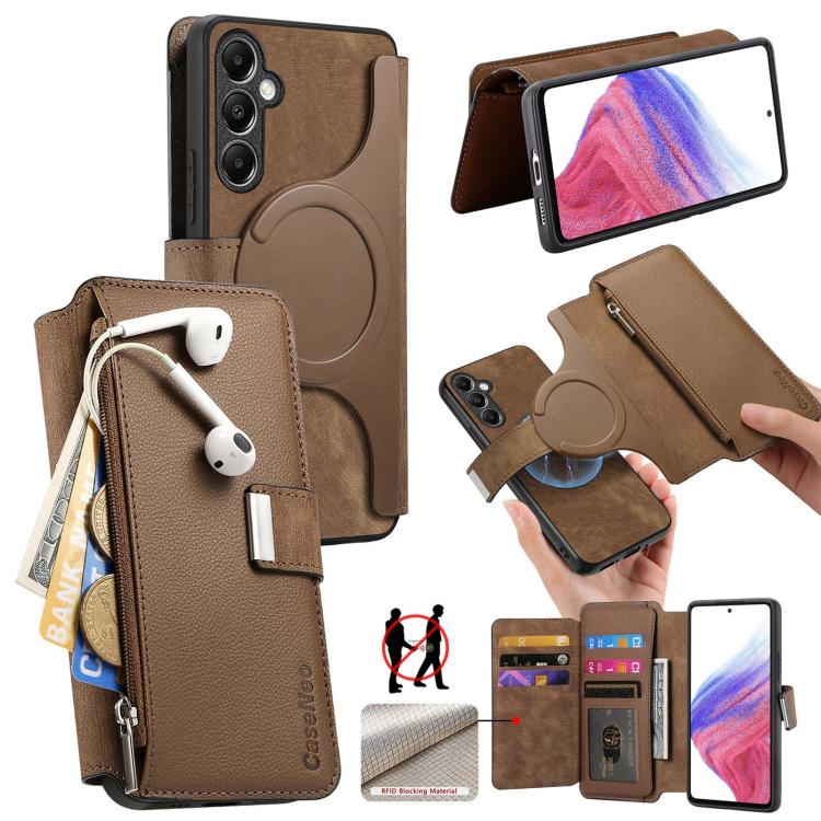 Funda Neo MagSafe RFID antirrobo con cremallera para Samsung Galaxy A14 5G, estilo billetera de cuero retro (marrón)