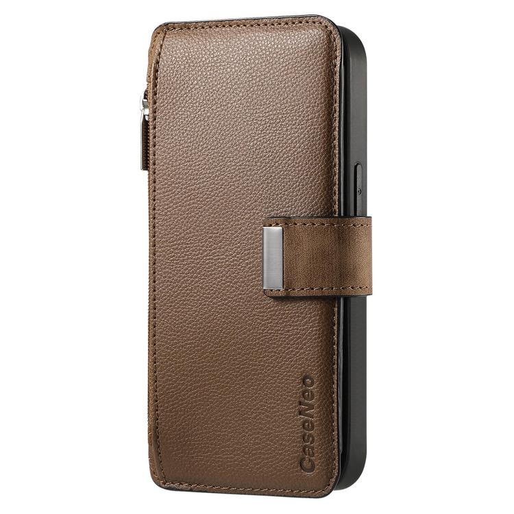 Funda Neo MagSafe RFID antirrobo con cremallera para Samsung Galaxy A14 5G, estilo billetera de cuero retro (marrón)