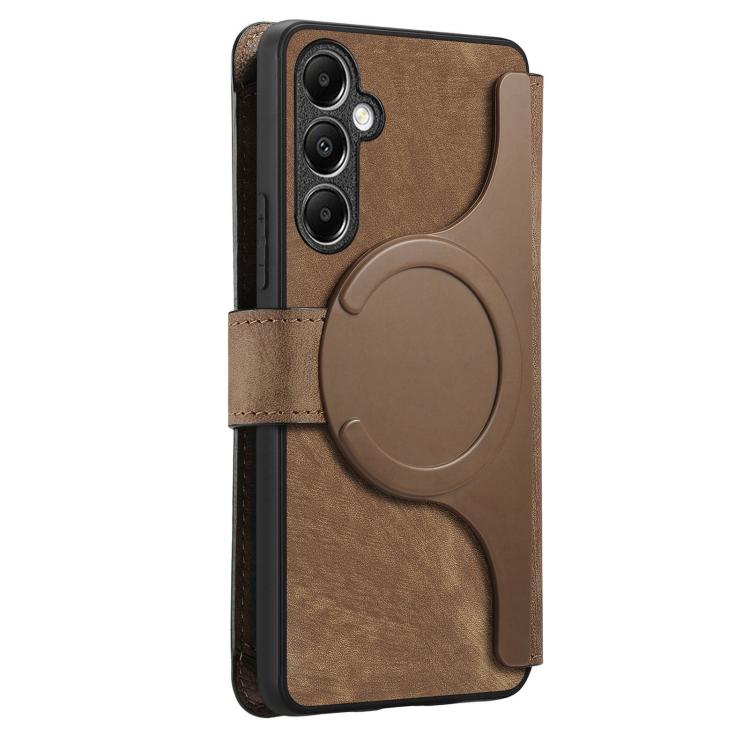 Funda Neo MagSafe RFID antirrobo con cremallera para Samsung Galaxy A14 5G, estilo billetera de cuero retro (marrón)