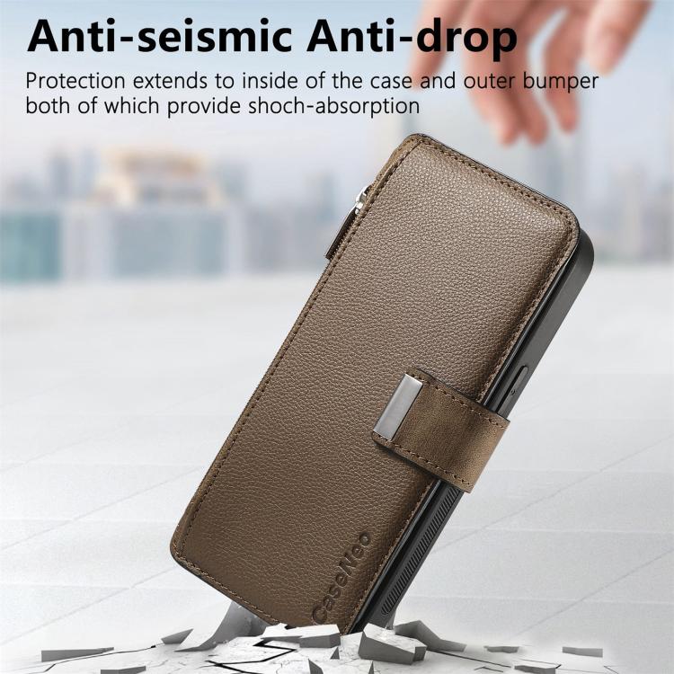 Funda Neo MagSafe RFID antirrobo con cremallera para Samsung Galaxy A14 5G, estilo billetera de cuero retro (marrón)