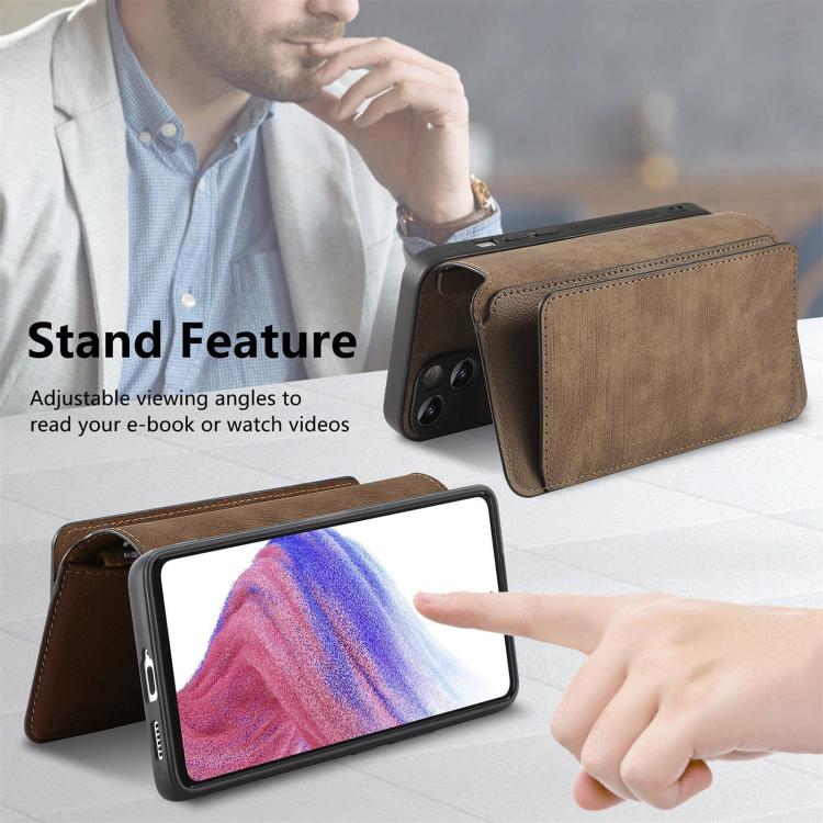 Funda Neo MagSafe RFID antirrobo con cremallera para Samsung Galaxy A14 5G, estilo billetera de cuero retro (marrón)