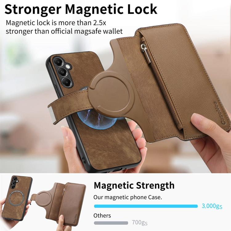 Funda Neo MagSafe RFID antirrobo con cremallera para Samsung Galaxy A14 5G, estilo billetera de cuero retro (marrón)