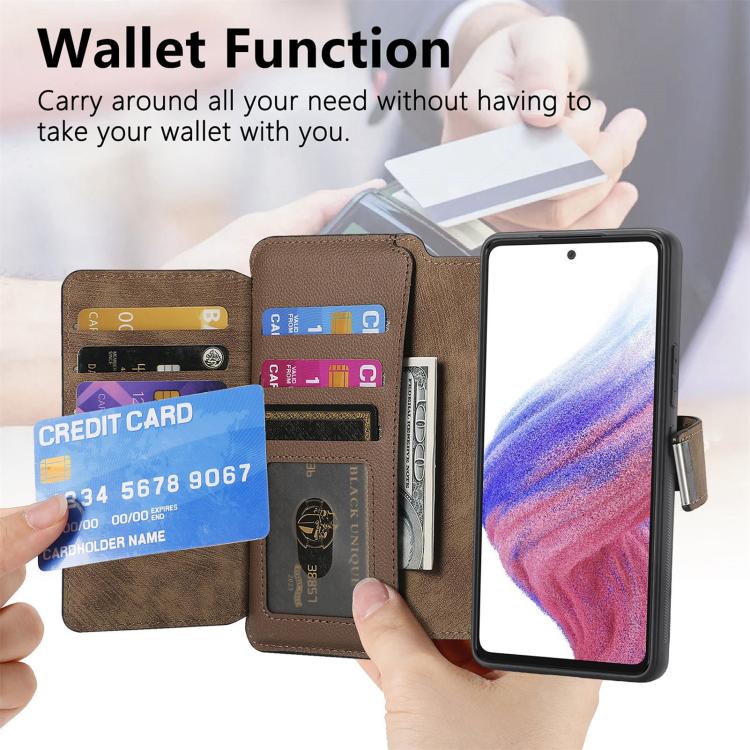 Funda Neo MagSafe RFID antirrobo con cremallera para Samsung Galaxy A14 5G, estilo billetera de cuero retro (marrón)