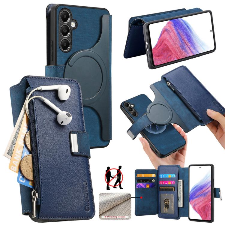 Funda Neo MagSafe RFID antirrobo con cremallera para Samsung Galaxy A14 5G, de cuero estilo retro (azul)