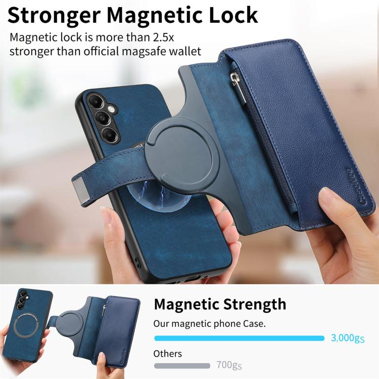 Funda Neo MagSafe RFID antirrobo con cremallera para Samsung Galaxy A14 5G, de cuero estilo retro (azul)