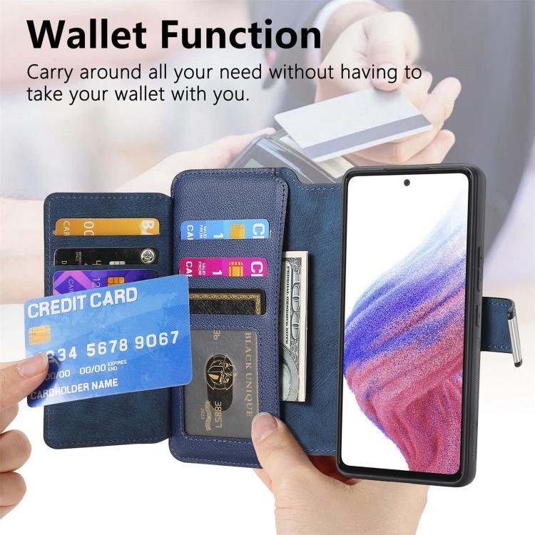 Funda Neo MagSafe RFID antirrobo con cremallera para Samsung Galaxy A14 5G, de cuero estilo retro (azul)