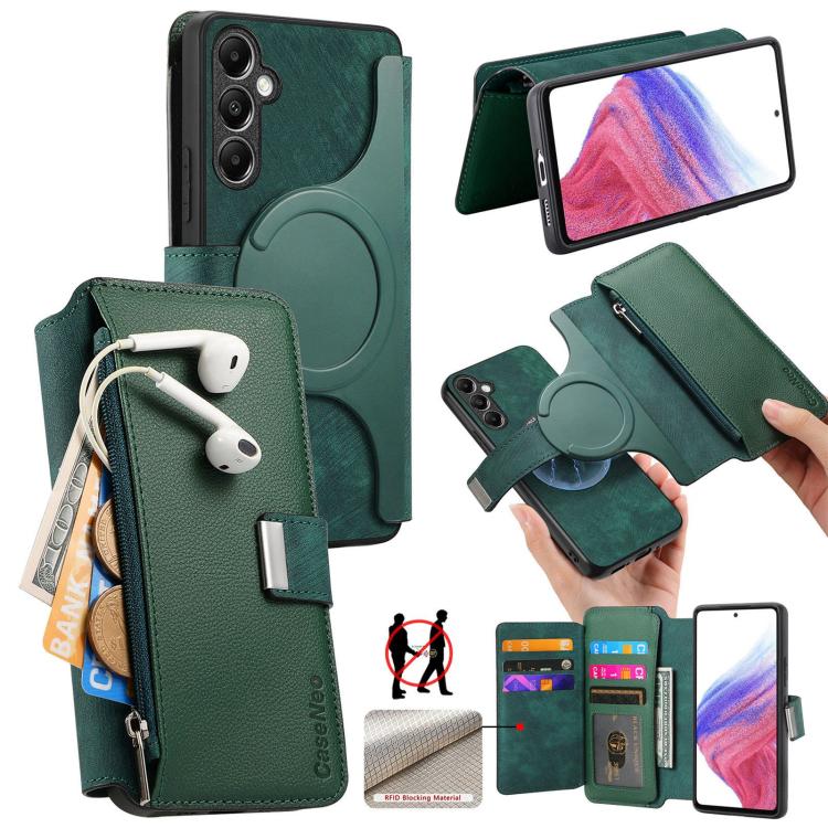 Funda Neo MagSafe RFID antirrobo con cremallera para Samsung Galaxy A14 5G, de cuero estilo retro (verde)