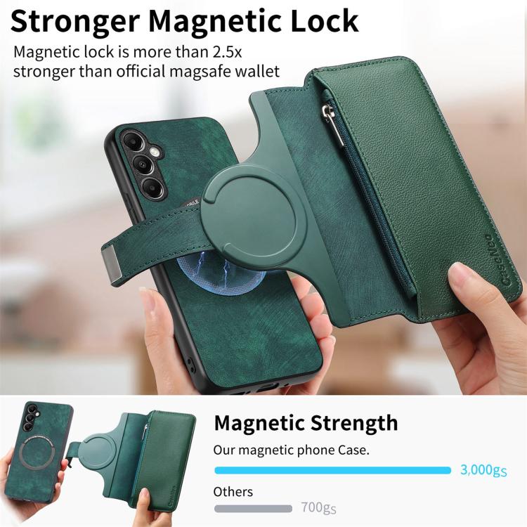 Funda Neo MagSafe RFID antirrobo con cremallera para Samsung Galaxy A14 5G, de cuero estilo retro (verde)