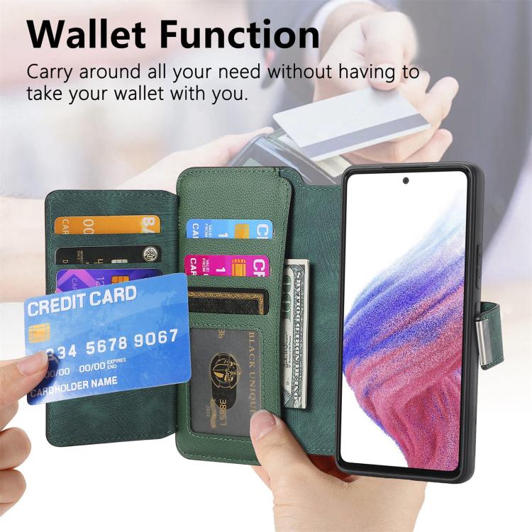 Funda Neo MagSafe RFID antirrobo con cremallera para Samsung Galaxy A14 5G, de cuero estilo retro (verde)