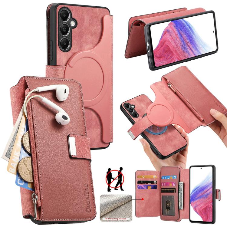 Funda Neo MagSafe RFID antirrobo con cremallera para Samsung Galaxy A14 5G, de cuero estilo retro (rosa)