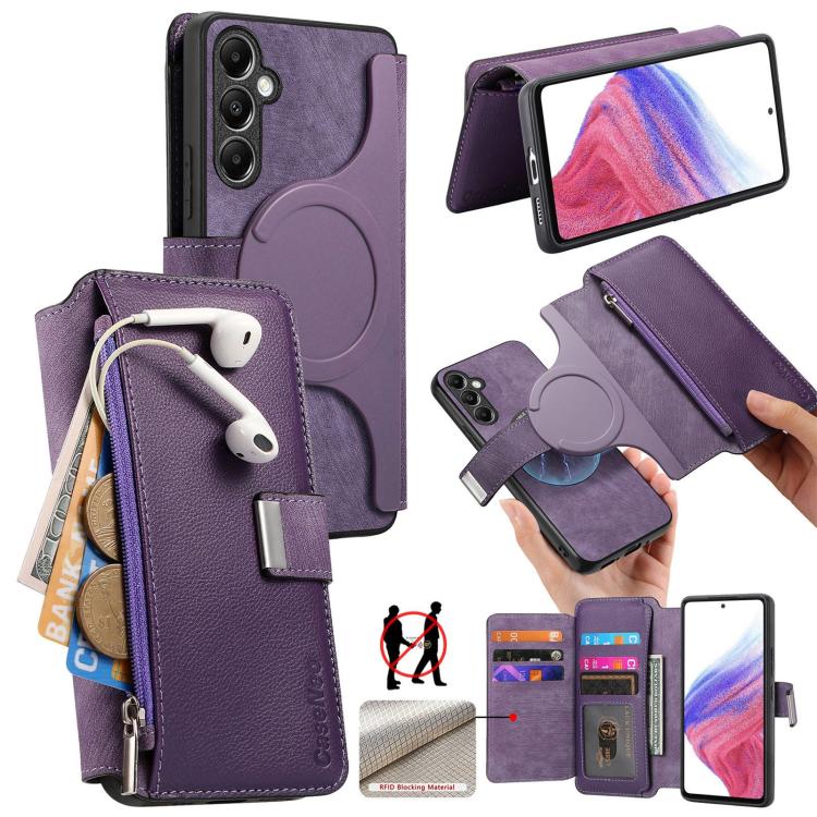 Funda Neo MagSafe RFID antirrobo con cremallera para Samsung Galaxy A14 5G, estilo retro, de cuero (morado)
