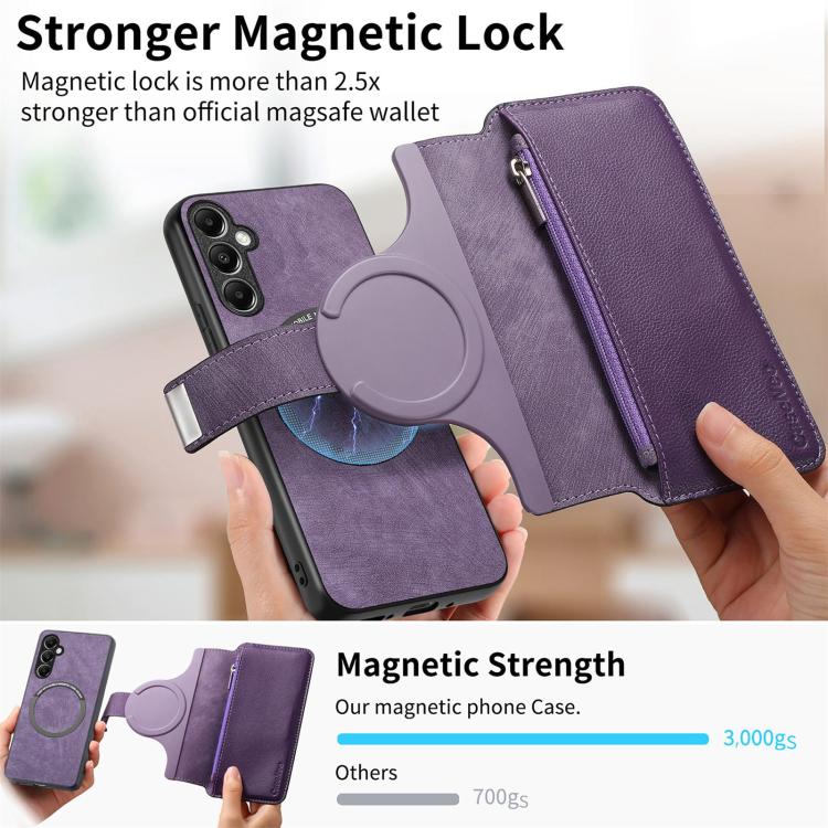 Funda Neo MagSafe RFID antirrobo con cremallera para Samsung Galaxy A14 5G, estilo retro, de cuero (morado)