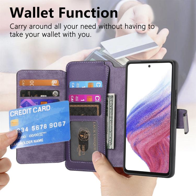 Funda Neo MagSafe RFID antirrobo con cremallera para Samsung Galaxy A14 5G, estilo retro, de cuero (morado)