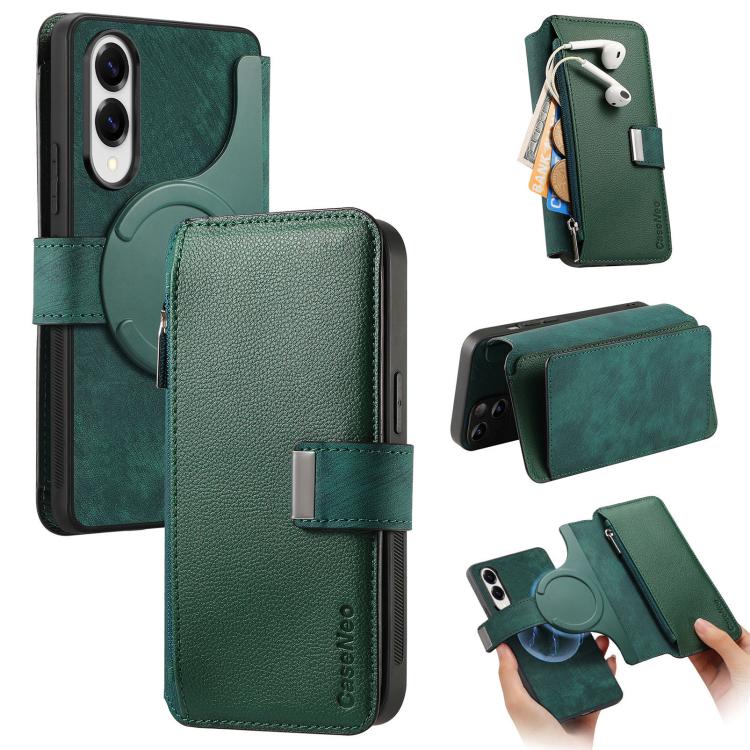 Funda Neo MagSafe RFID antirrobo con cremallera para Samsung Galaxy S25 Edge 5G, de cuero estilo retro (verde)