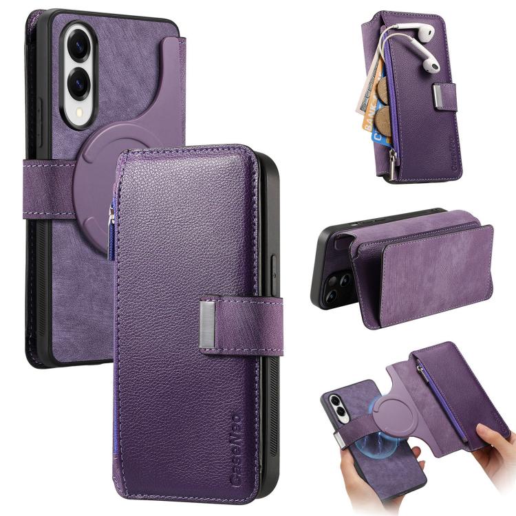 Funda Neo MagSafe RFID antirrobo con cremallera para Samsung Galaxy S25 Edge 5G, estilo retro, de cuero (morado)