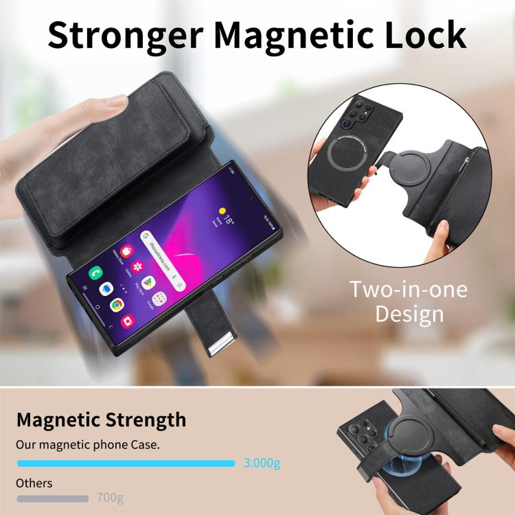 Funda Neo MagSafe RFID antirrobo con cremallera para Samsung Galaxy S25 Ultra 5G, de cuero estilo retro (negra)