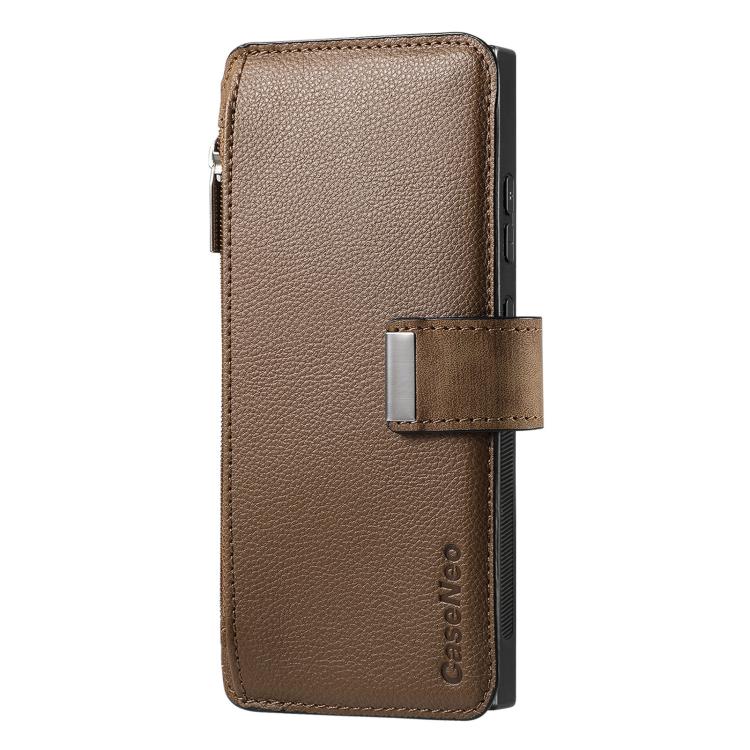 Funda Neo MagSafe RFID antirrobo con cremallera para Samsung Galaxy S25 Ultra 5G, estilo billetera de cuero retro (marrón)