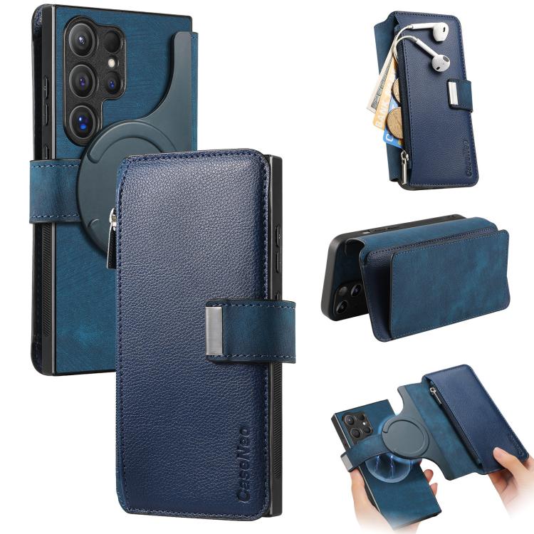 Funda Neo MagSafe RFID antirrobo con cremallera para Samsung Galaxy S25 Ultra 5G, de cuero estilo retro (azul)
