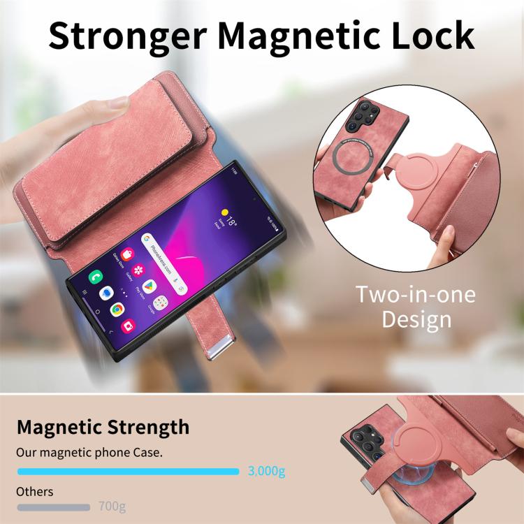 Funda Neo MagSafe RFID antirrobo con cremallera para Samsung Galaxy S25 Ultra 5G, estilo retro, de cuero (rosa)