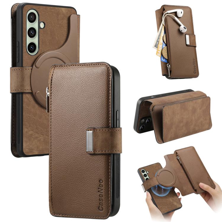 Funda Neo MagSafe RFID antirrobo con cremallera para Samsung Galaxy S24 FE 5G, estilo billetera de cuero retro (marrón)