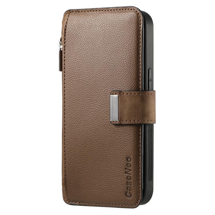 Funda Neo MagSafe RFID antirrobo con cremallera para Samsung Galaxy S24 FE 5G, estilo billetera de cuero retro (marrón)