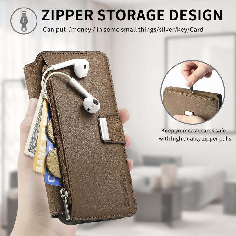 Funda Neo MagSafe RFID antirrobo con cremallera para Samsung Galaxy S24 FE 5G, estilo billetera de cuero retro (marrón)