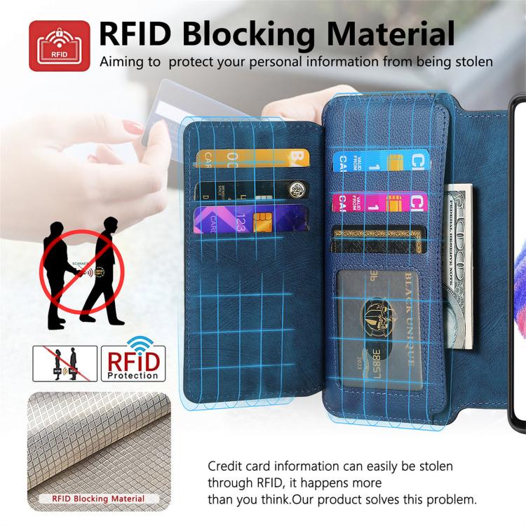 Funda Neo MagSafe RFID antirrobo con cremallera para Samsung Galaxy S24 FE 5G, estilo retro, de cuero (azul)