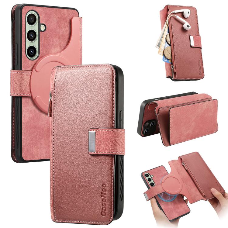 Funda Neo MagSafe RFID antirrobo con cremallera para Samsung Galaxy S24 FE 5G, estilo retro, de cuero (rosa)