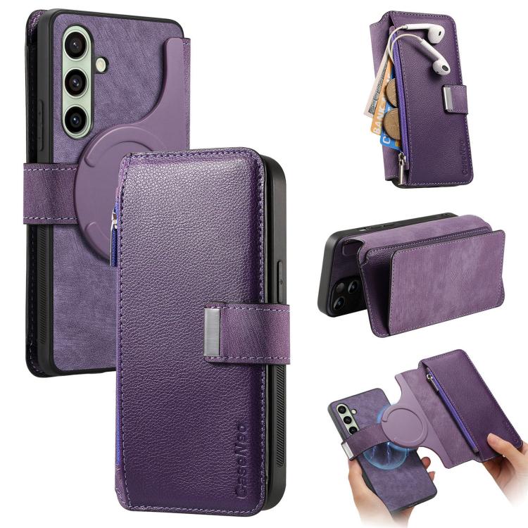 Funda Neo MagSafe RFID antirrobo con cremallera para Samsung Galaxy S24 FE 5G, estilo retro, de cuero (morado)