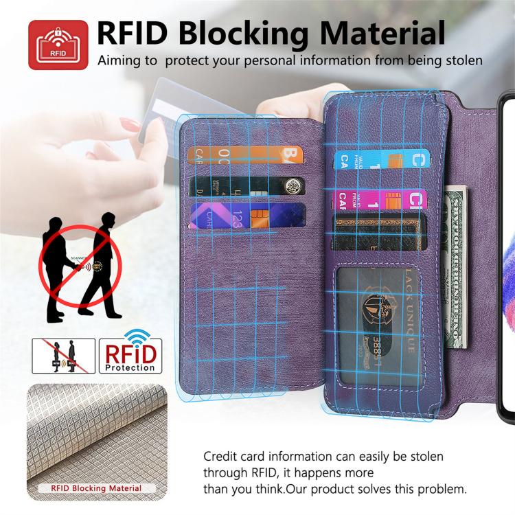 Funda Neo MagSafe RFID antirrobo con cremallera para Samsung Galaxy S24 FE 5G, estilo retro, de cuero (morado)