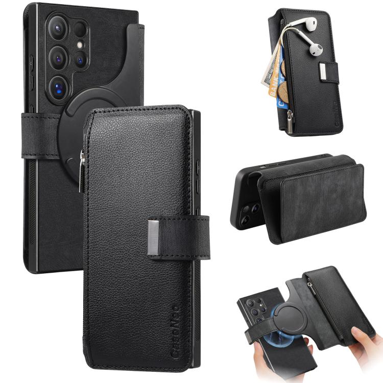 Funda Neo MagSafe RFID antirrobo con cremallera para Samsung Galaxy S24 Ultra 5G, de cuero estilo retro (negra)