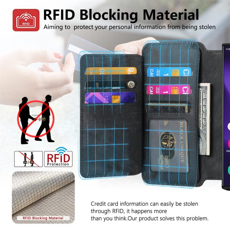 Funda Neo MagSafe RFID antirrobo con cremallera para Samsung Galaxy S24 Ultra 5G, de cuero estilo retro (negra)