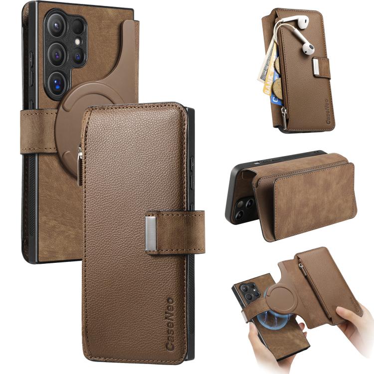 Funda Neo MagSafe RFID antirrobo con cremallera para Samsung Galaxy S24 Ultra 5G, estilo billetera de cuero retro (marrón)