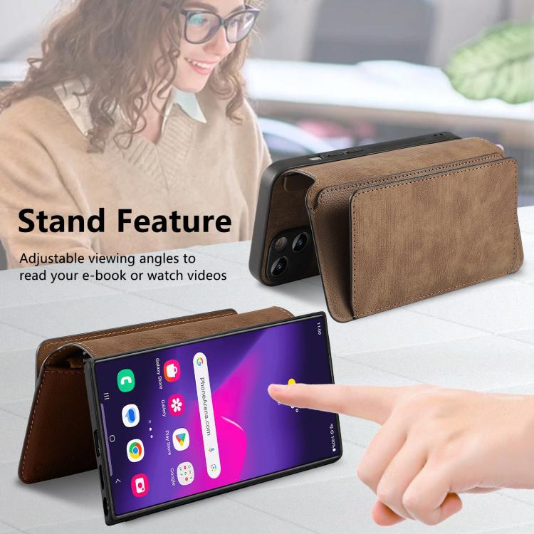Funda Neo MagSafe RFID antirrobo con cremallera para Samsung Galaxy S24 Ultra 5G, estilo billetera de cuero retro (marrón)