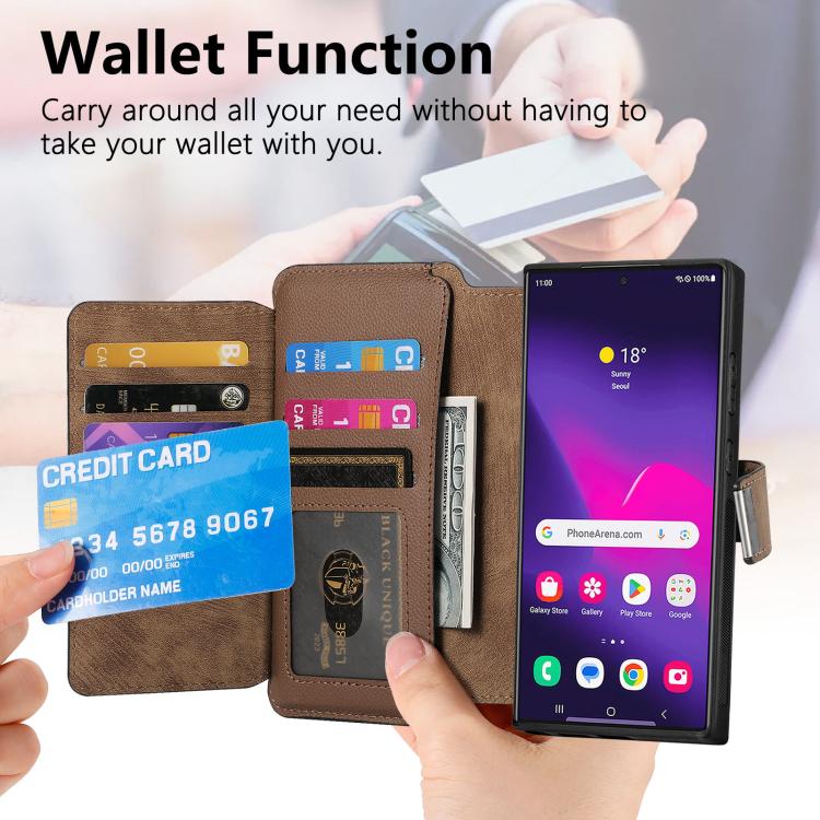 Funda Neo MagSafe RFID antirrobo con cremallera para Samsung Galaxy S24 Ultra 5G, estilo billetera de cuero retro (marrón)