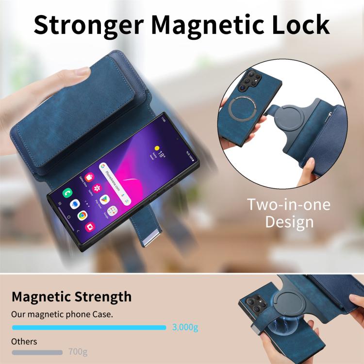 Funda Neo MagSafe RFID antirrobo con cremallera para Samsung Galaxy S24 Ultra 5G, de cuero estilo retro (azul)