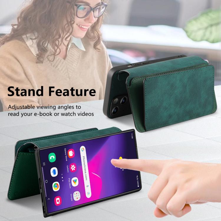 Funda Neo MagSafe RFID antirrobo con cremallera para Samsung Galaxy S24 Ultra 5G, de cuero estilo retro (verde)