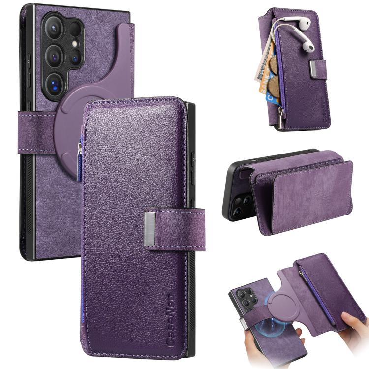 Funda Neo MagSafe RFID antirrobo con cremallera para Samsung Galaxy S24 Ultra 5G, estilo billetera, de cuero retro (morado)