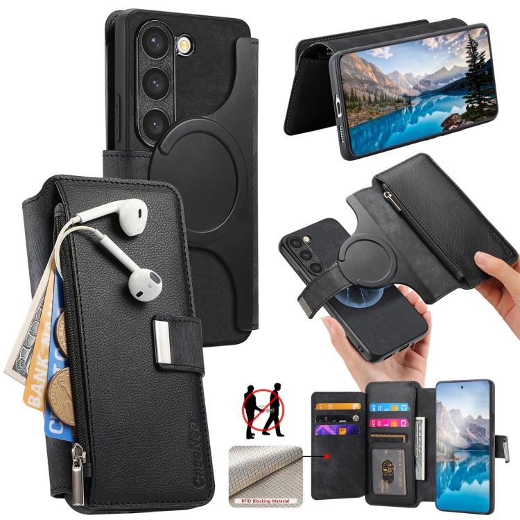 Funda Neo MagSafe RFID antirrobo con cremallera para Samsung Galaxy S23 5G, de cuero estilo retro (negra)