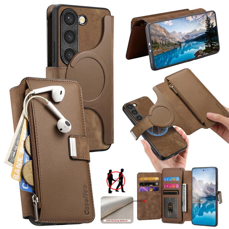 Funda Neo MagSafe RFID antirrobo con cremallera para Samsung Galaxy S23 5G, estilo billetera de cuero retro (marrón)