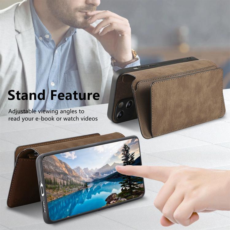 Funda Neo MagSafe RFID antirrobo con cremallera para Samsung Galaxy S23 5G, estilo billetera de cuero retro (marrón)