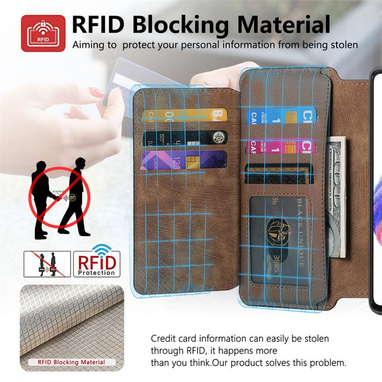 Funda Neo MagSafe RFID antirrobo con cremallera para Samsung Galaxy S23 5G, estilo billetera de cuero retro (marrón)